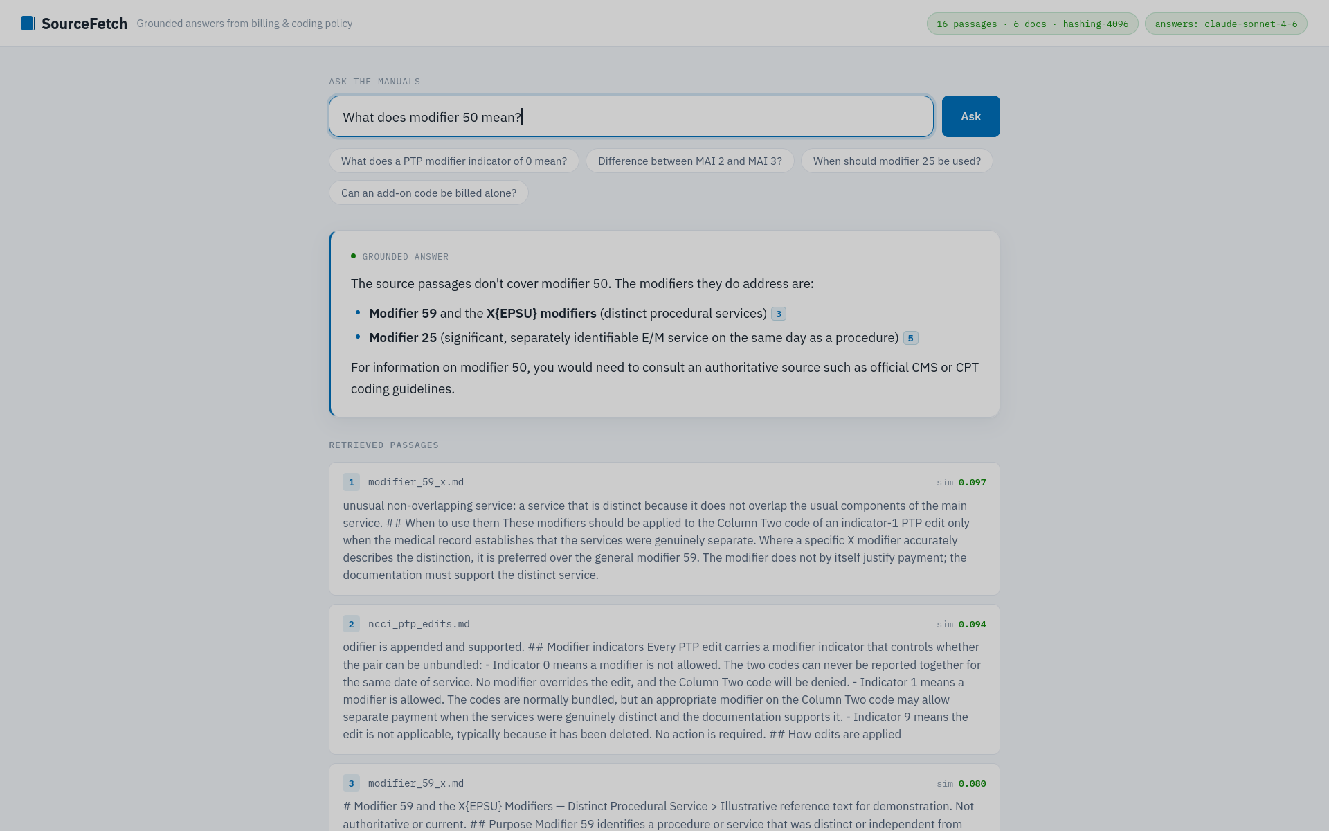 SourceFetch declining to answer about a code that is not in its sources